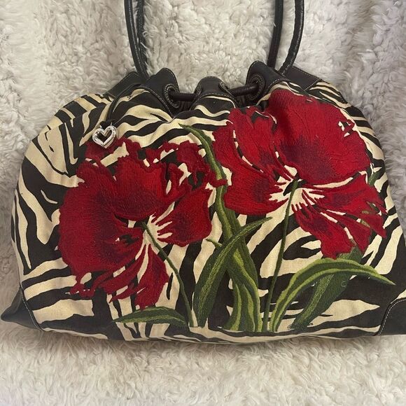 Brighton Zebra Embroidered Floral Canvas Leather trim  Large Shoulder Bag - Picture 3 of 14